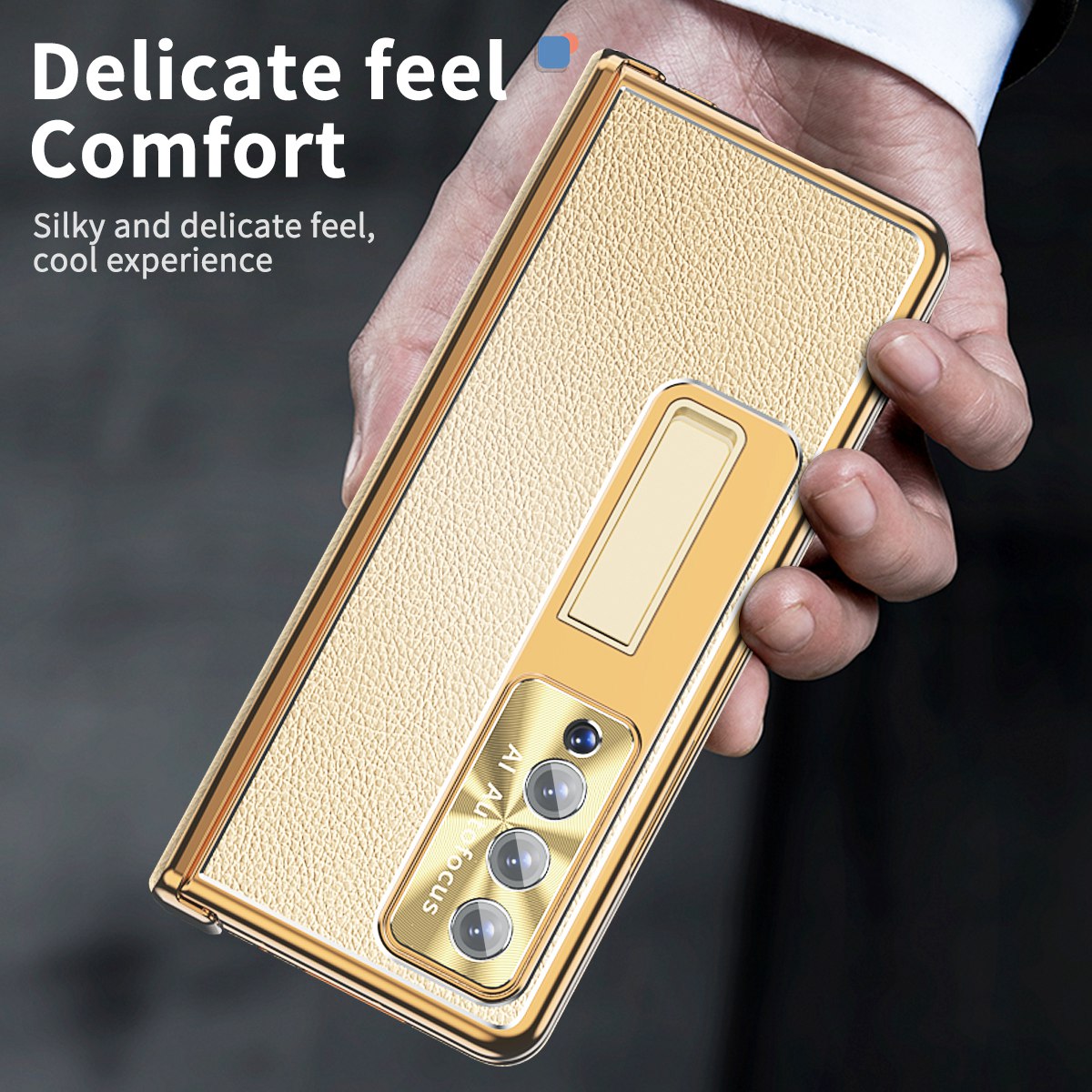 For Samsung Galaxy Z Fold3 5G Litchi Texture Phone Case Double Hinge Leather Coated PC Cover with Tempered Glass Film and Stylus Pen