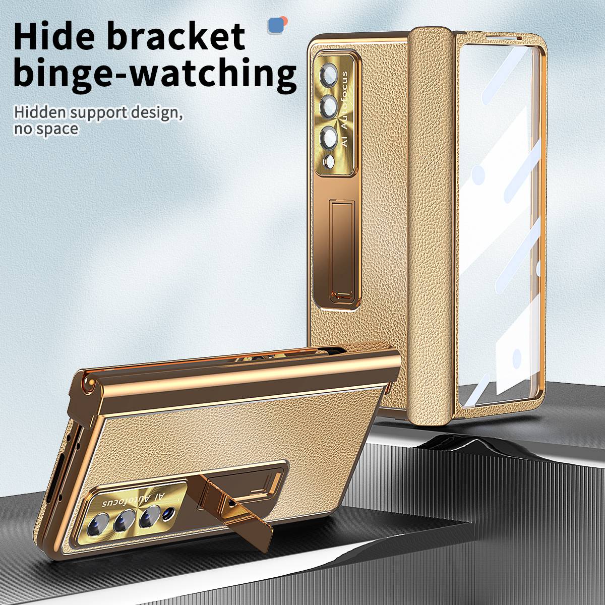 For Samsung Galaxy Z Fold3 5G Litchi Texture Phone Case Double Hinge Leather Coated PC Cover with Tempered Glass Film and Stylus Pen