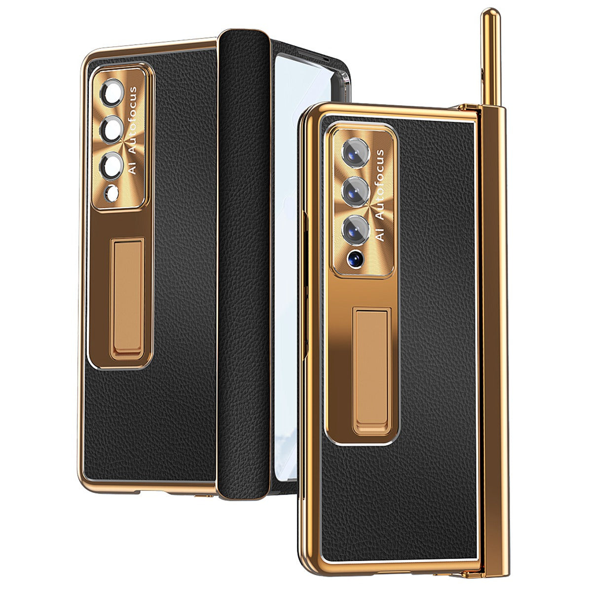 For Samsung Galaxy Z Fold3 5G Litchi Texture Phone Case Double Hinge Leather Coated PC Cover with Tempered Glass Film and Stylus Pen