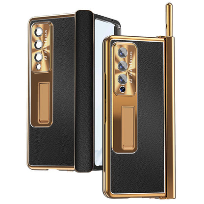 For Samsung Galaxy Z Fold3 5G Litchi Texture Phone Case Double Hinge Leather Coated PC Cover with Tempered Glass Film and Stylus Pen