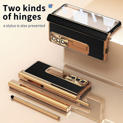 For Samsung Galaxy Z Fold3 5G Litchi Texture Phone Case Double Hinge Leather Coated PC Cover with Tempered Glass Film and Stylus Pen