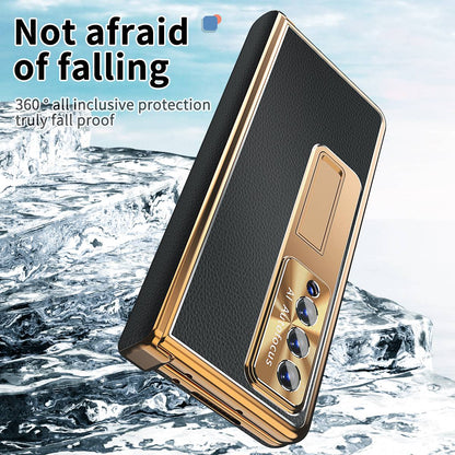 For Samsung Galaxy Z Fold3 5G Litchi Texture Phone Case Double Hinge Leather Coated PC Cover with Tempered Glass Film and Stylus Pen