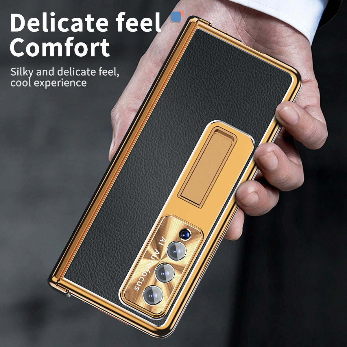 For Samsung Galaxy Z Fold3 5G Litchi Texture Phone Case Double Hinge Leather Coated PC Cover with Tempered Glass Film and Stylus Pen