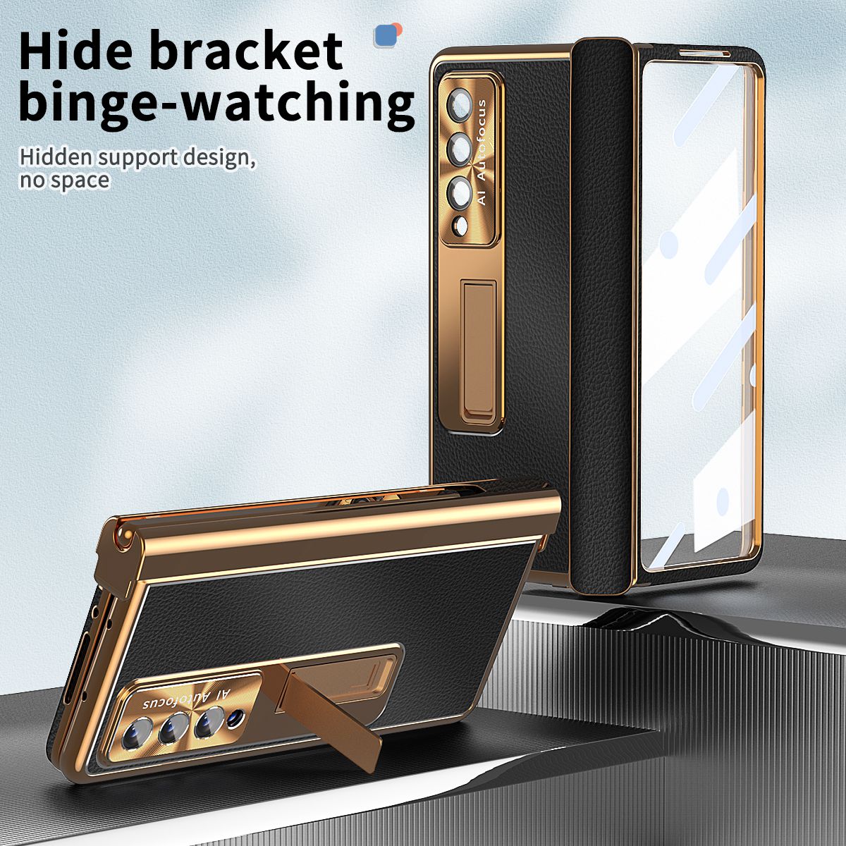 For Samsung Galaxy Z Fold3 5G Litchi Texture Phone Case Double Hinge Leather Coated PC Cover with Tempered Glass Film and Stylus Pen