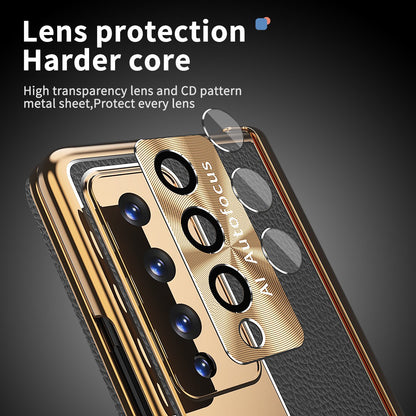 For Samsung Galaxy Z Fold3 5G Litchi Texture Phone Case Double Hinge Leather Coated PC Cover with Tempered Glass Film and Stylus Pen