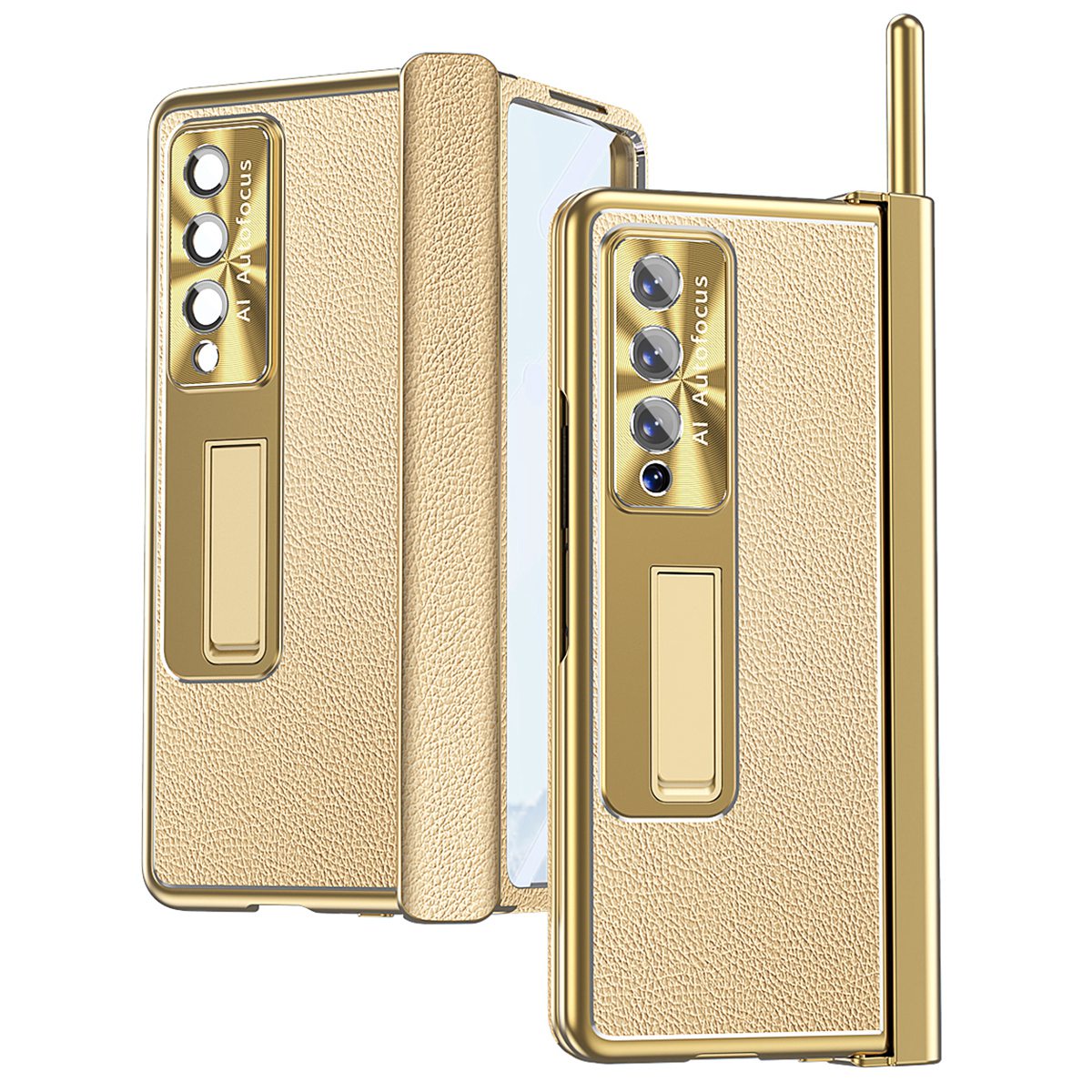 For Samsung Galaxy Z Fold3 5G Litchi Texture Phone Case Double Hinge Leather Coated PC Cover with Tempered Glass Film and Stylus Pen