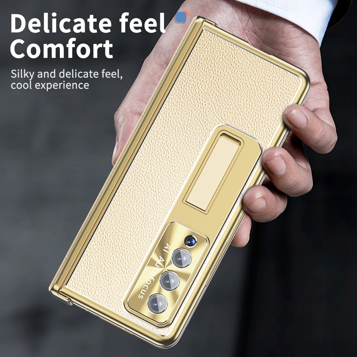 For Samsung Galaxy Z Fold3 5G Litchi Texture Phone Case Double Hinge Leather Coated PC Cover with Tempered Glass Film and Stylus Pen