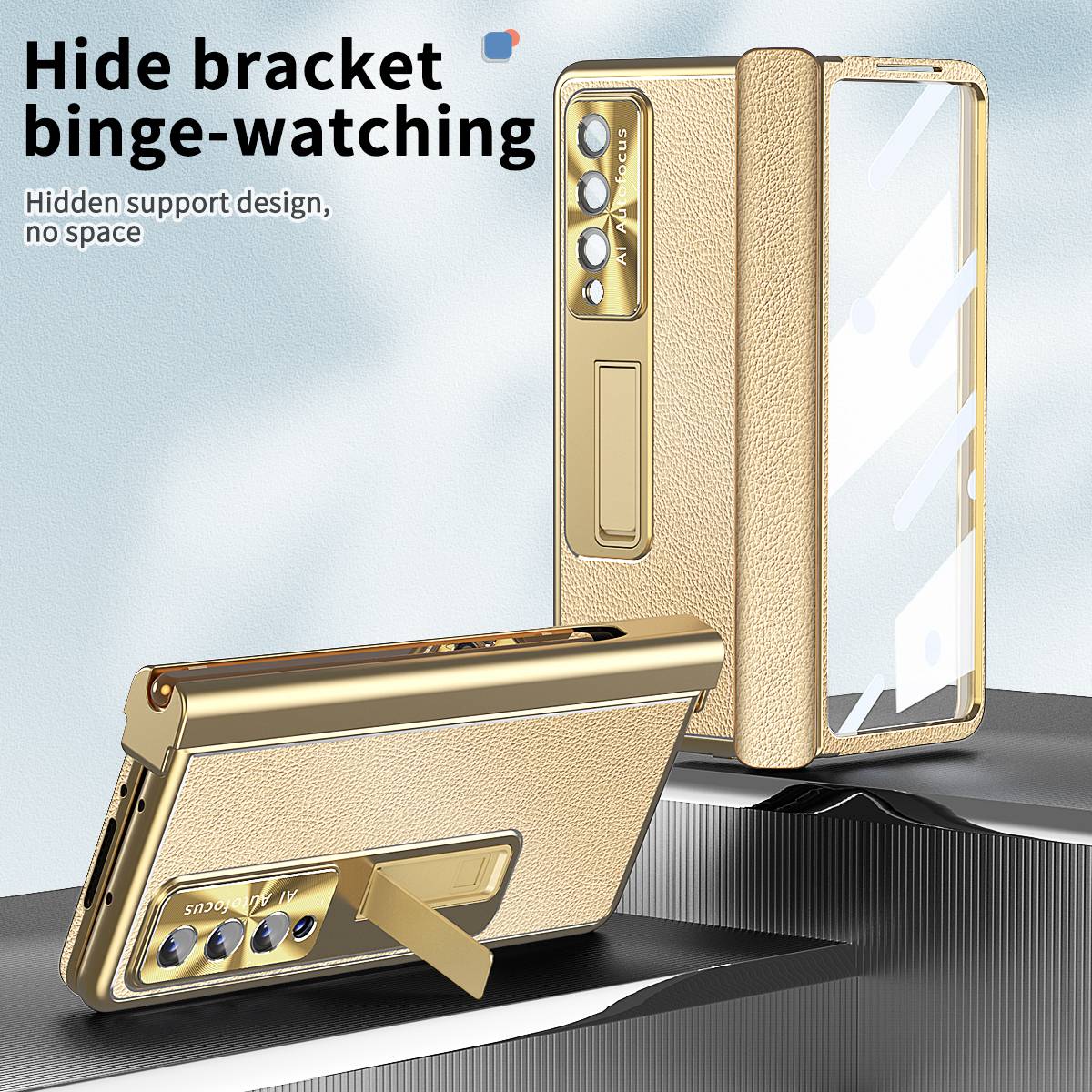 For Samsung Galaxy Z Fold3 5G Litchi Texture Phone Case Double Hinge Leather Coated PC Cover with Tempered Glass Film and Stylus Pen
