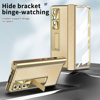 For Samsung Galaxy Z Fold3 5G Litchi Texture Phone Case Double Hinge Leather Coated PC Cover with Tempered Glass Film and Stylus Pen