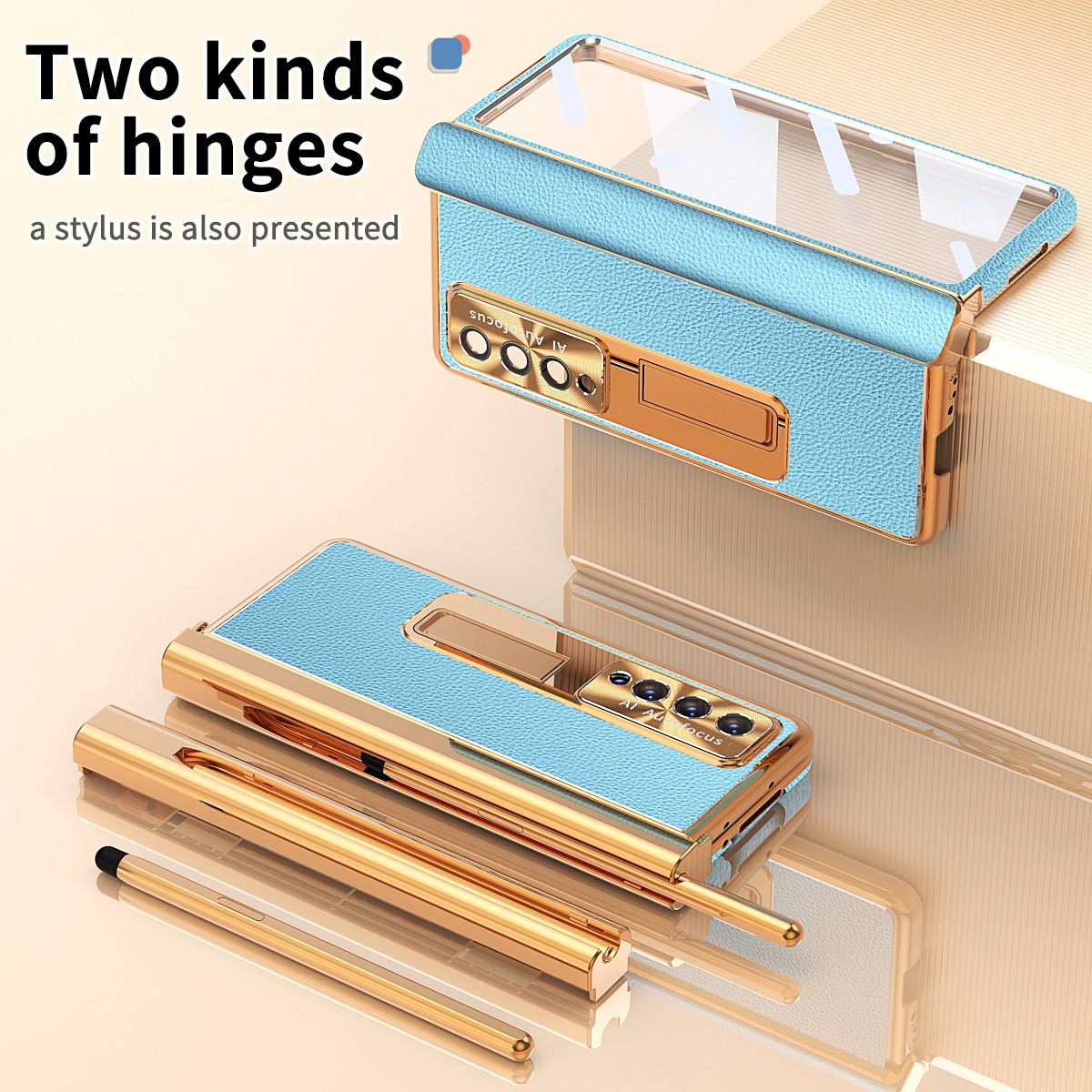 For Samsung Galaxy Z Fold3 5G Litchi Texture Phone Case Double Hinge Leather Coated PC Cover with Tempered Glass Film and Stylus Pen