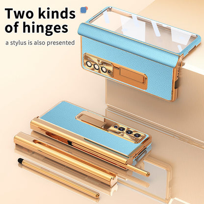 For Samsung Galaxy Z Fold3 5G Litchi Texture Phone Case Double Hinge Leather Coated PC Cover with Tempered Glass Film and Stylus Pen
