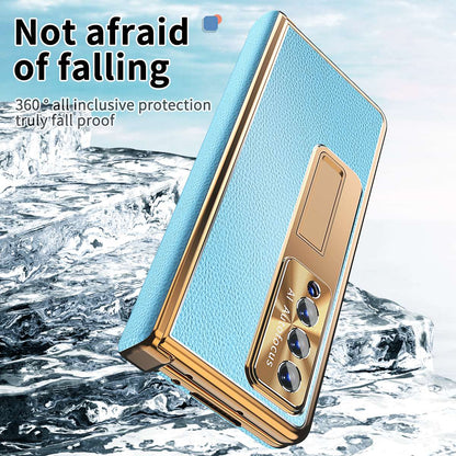 For Samsung Galaxy Z Fold3 5G Litchi Texture Phone Case Double Hinge Leather Coated PC Cover with Tempered Glass Film and Stylus Pen