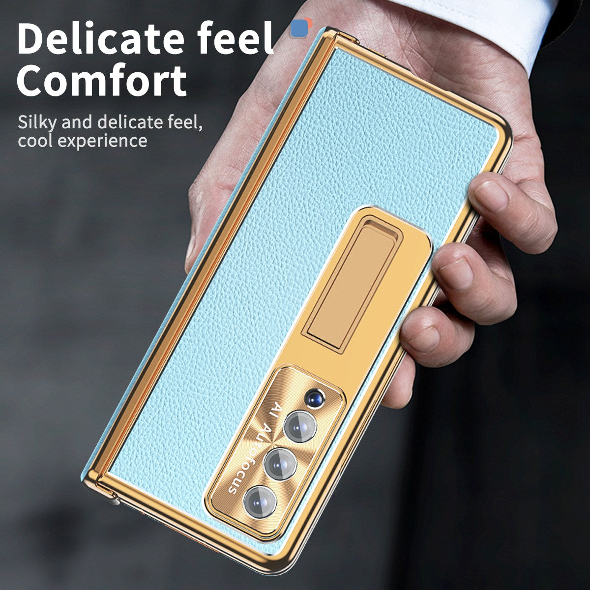 For Samsung Galaxy Z Fold3 5G Litchi Texture Phone Case Double Hinge Leather Coated PC Cover with Tempered Glass Film and Stylus Pen
