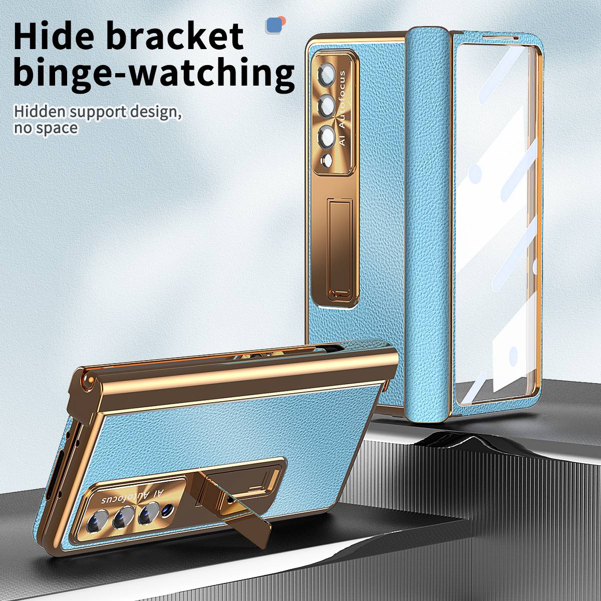 For Samsung Galaxy Z Fold3 5G Litchi Texture Phone Case Double Hinge Leather Coated PC Cover with Tempered Glass Film and Stylus Pen