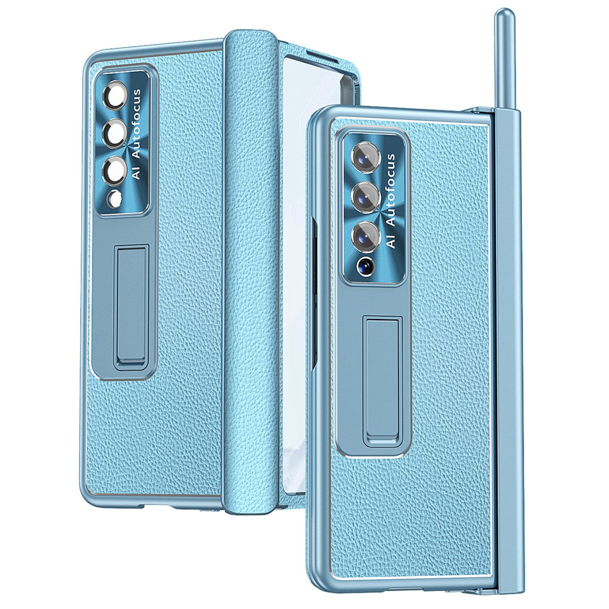 For Samsung Galaxy Z Fold3 5G Litchi Texture Phone Case Double Hinge Leather Coated PC Cover with Tempered Glass Film and Stylus Pen