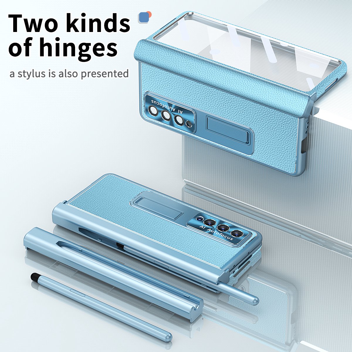 For Samsung Galaxy Z Fold3 5G Litchi Texture Phone Case Double Hinge Leather Coated PC Cover with Tempered Glass Film and Stylus Pen