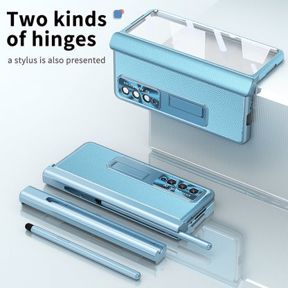 For Samsung Galaxy Z Fold3 5G Litchi Texture Phone Case Double Hinge Leather Coated PC Cover with Tempered Glass Film and Stylus Pen