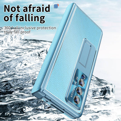 For Samsung Galaxy Z Fold3 5G Litchi Texture Phone Case Double Hinge Leather Coated PC Cover with Tempered Glass Film and Stylus Pen