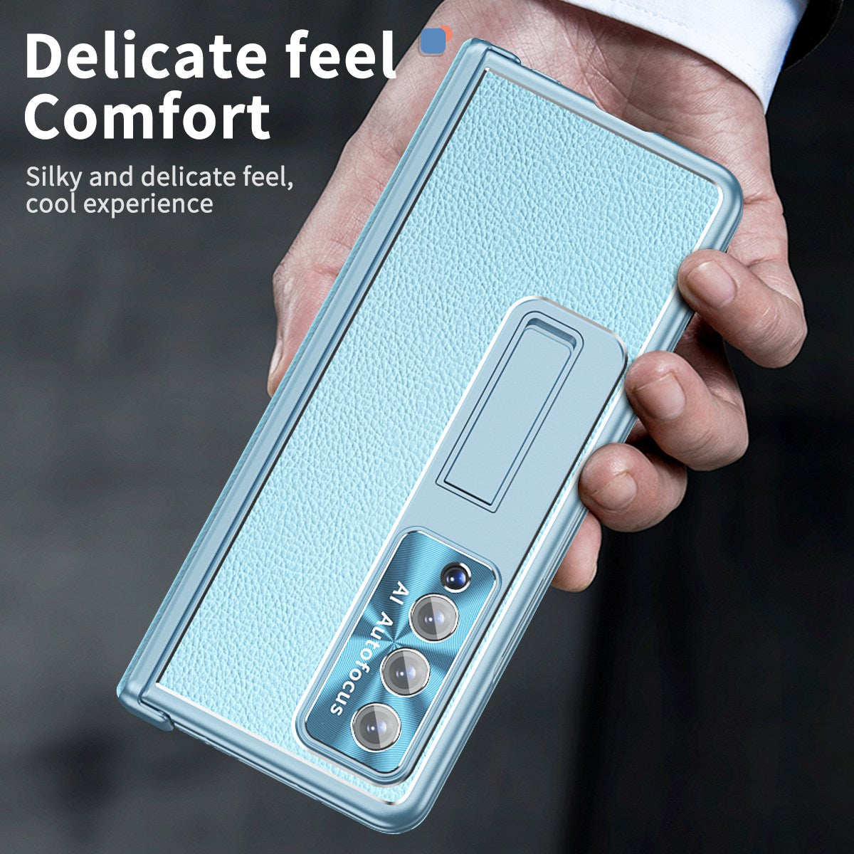 For Samsung Galaxy Z Fold3 5G Litchi Texture Phone Case Double Hinge Leather Coated PC Cover with Tempered Glass Film and Stylus Pen