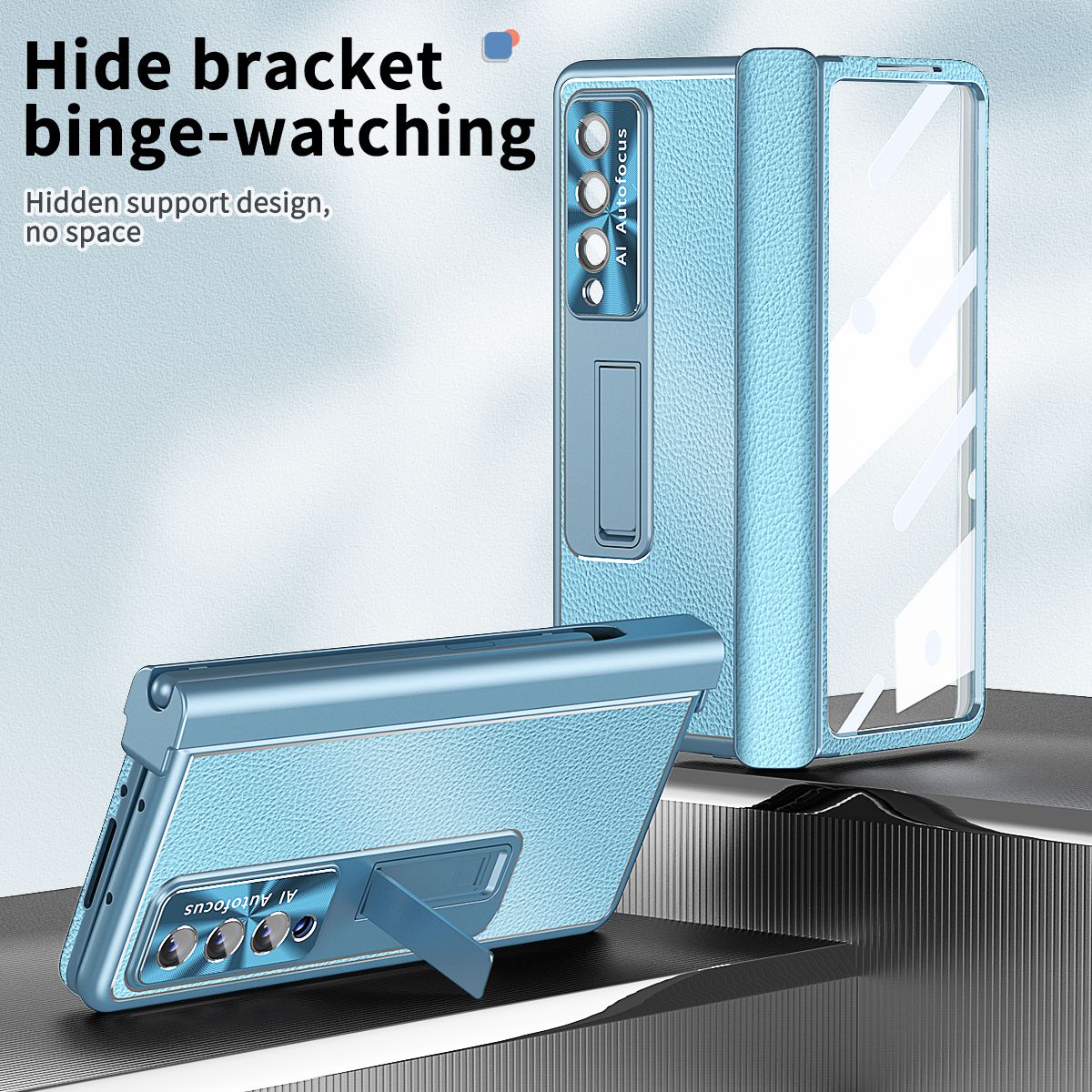 For Samsung Galaxy Z Fold3 5G Litchi Texture Phone Case Double Hinge Leather Coated PC Cover with Tempered Glass Film and Stylus Pen