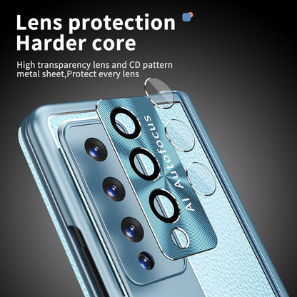 For Samsung Galaxy Z Fold3 5G Litchi Texture Phone Case Double Hinge Leather Coated PC Cover with Tempered Glass Film and Stylus Pen