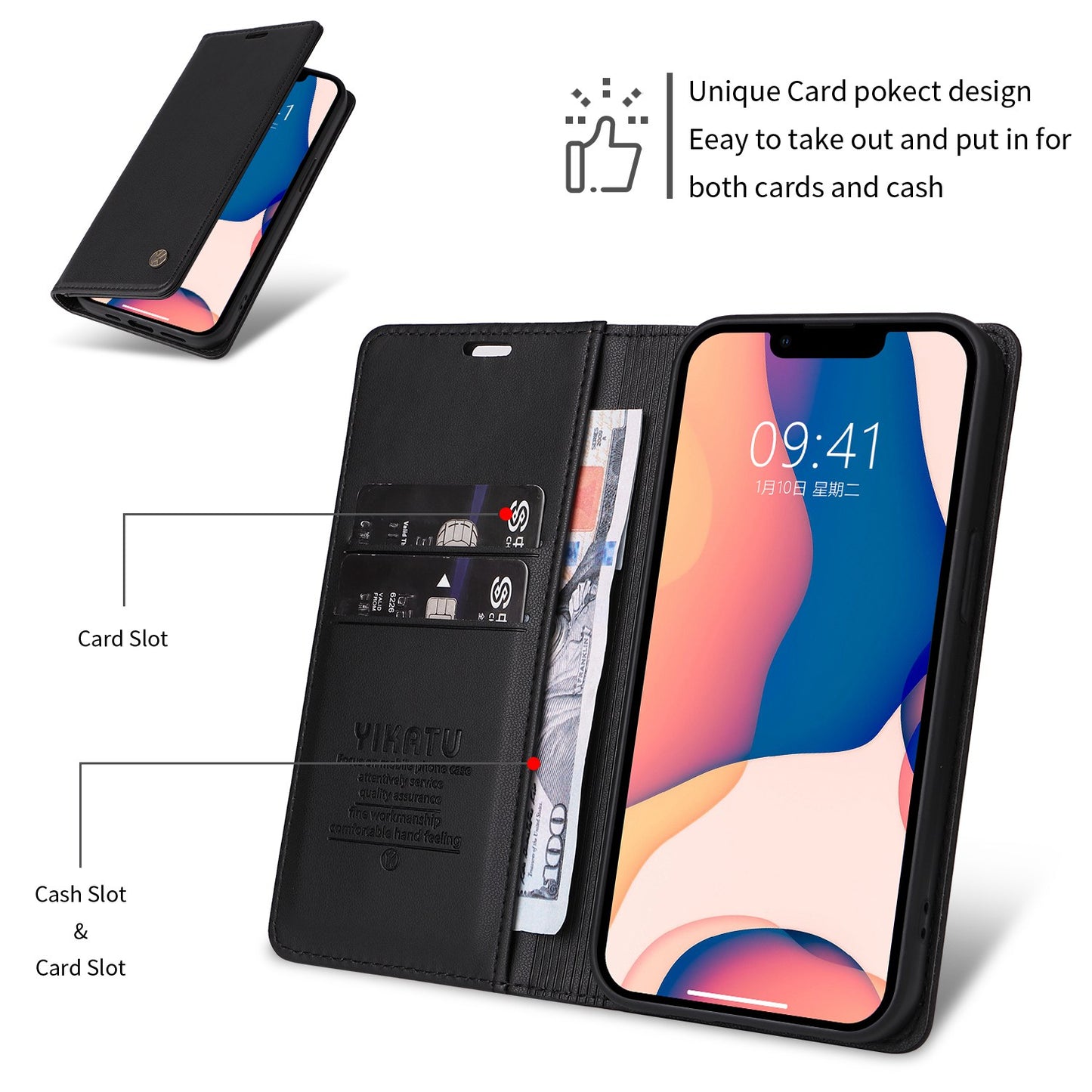 YIKATU for iPhone 13 Pro 6.1 inch YK- 001 Anti-fall Phone Case Magnetic Auto-absorbed PU Leather Flip Wallet Stand Protective Phone Cover