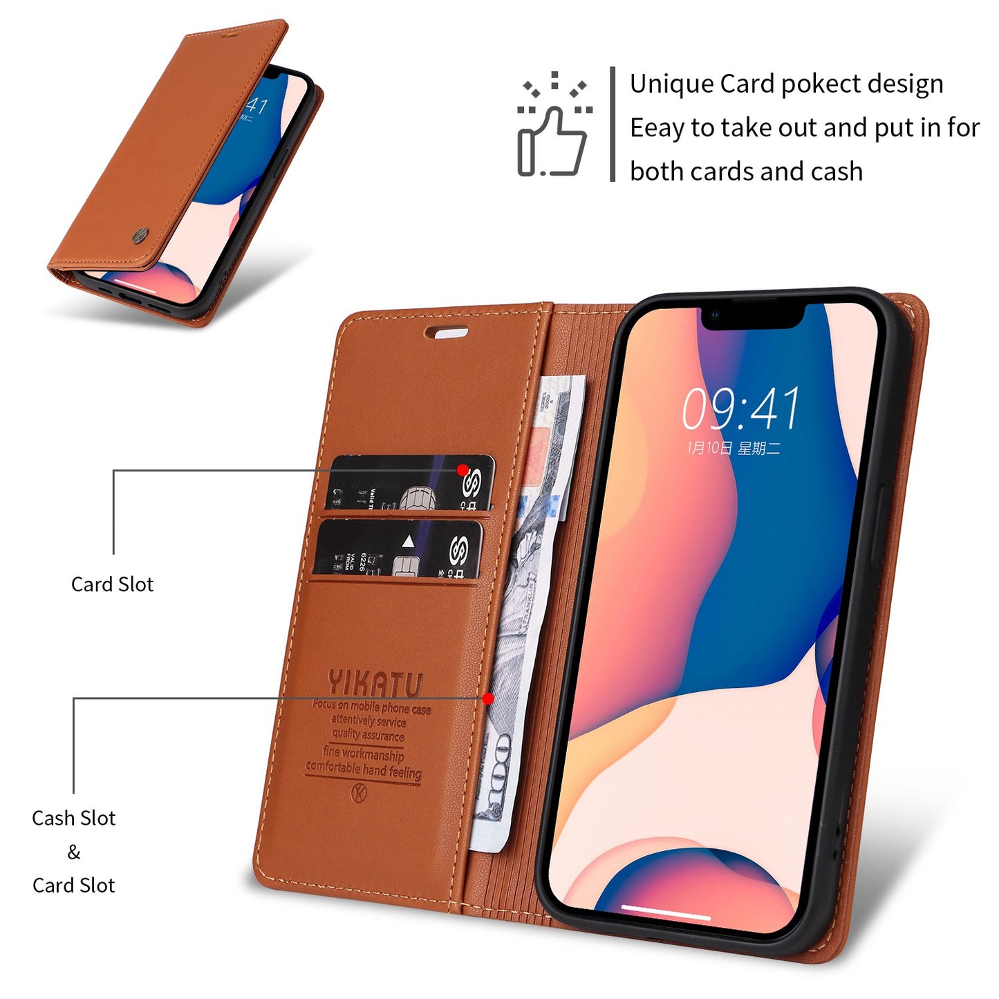 YIKATU for iPhone 13 Pro 6.1 inch YK- 001 Anti-fall Phone Case Magnetic Auto-absorbed PU Leather Flip Wallet Stand Protective Phone Cover