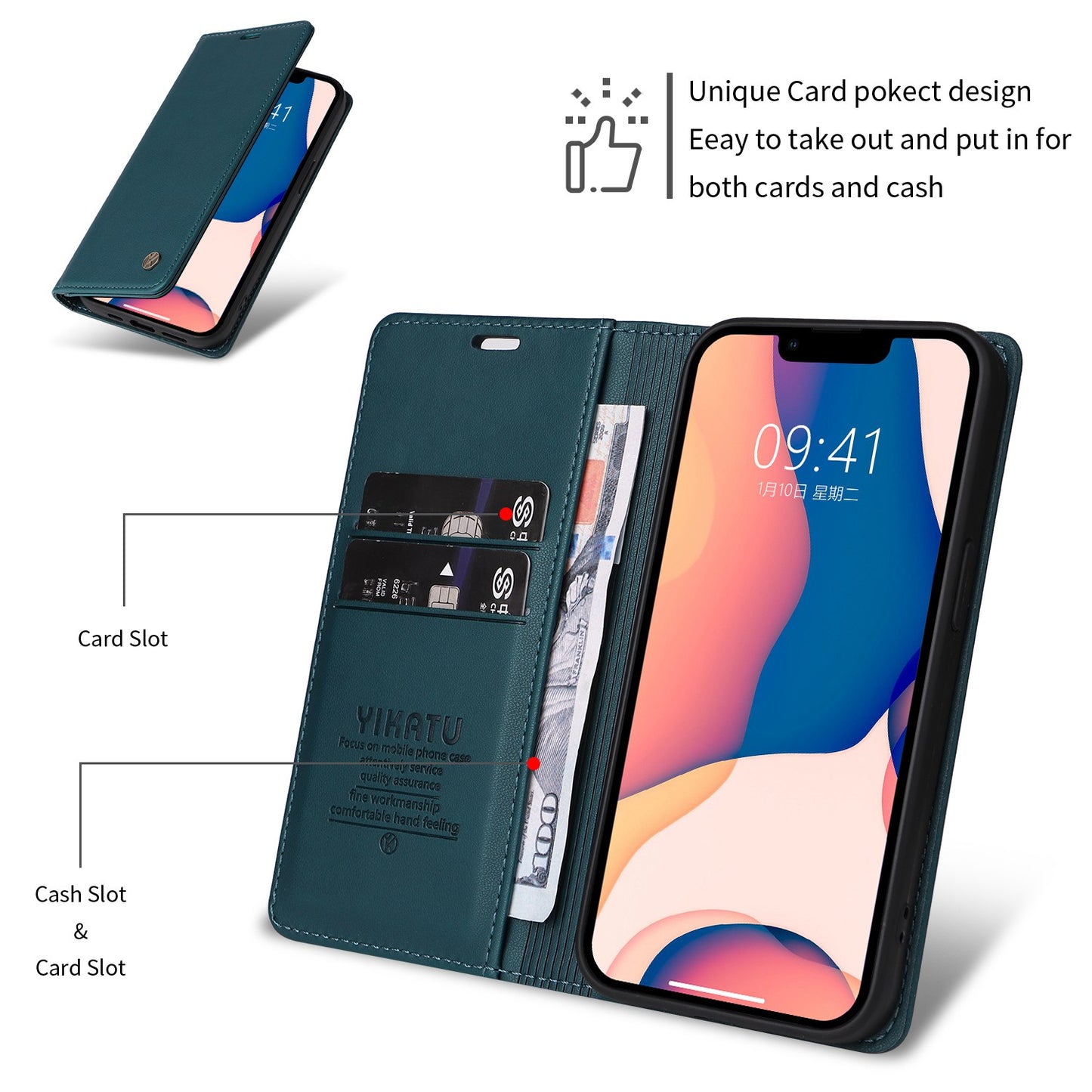 YIKATU for iPhone 13 Pro 6.1 inch YK- 001 Anti-fall Phone Case Magnetic Auto-absorbed PU Leather Flip Wallet Stand Protective Phone Cover