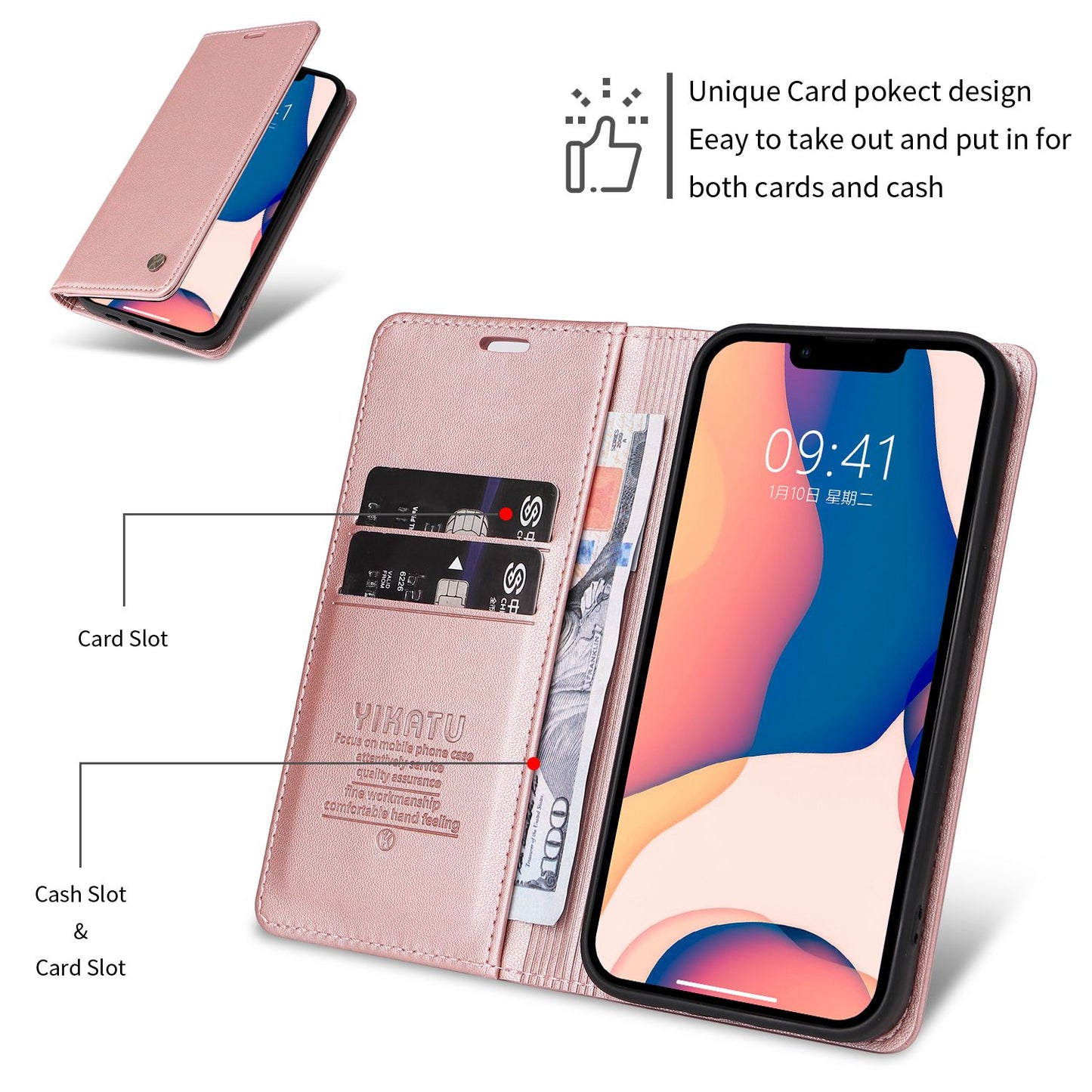YIKATU for iPhone 13 Pro 6.1 inch YK- 001 Anti-fall Phone Case Magnetic Auto-absorbed PU Leather Flip Wallet Stand Protective Phone Cover