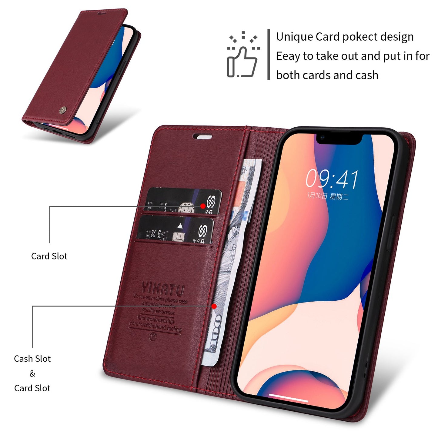 YIKATU for iPhone 13 Pro 6.1 inch YK- 001 Anti-fall Phone Case Magnetic Auto-absorbed PU Leather Flip Wallet Stand Protective Phone Cover