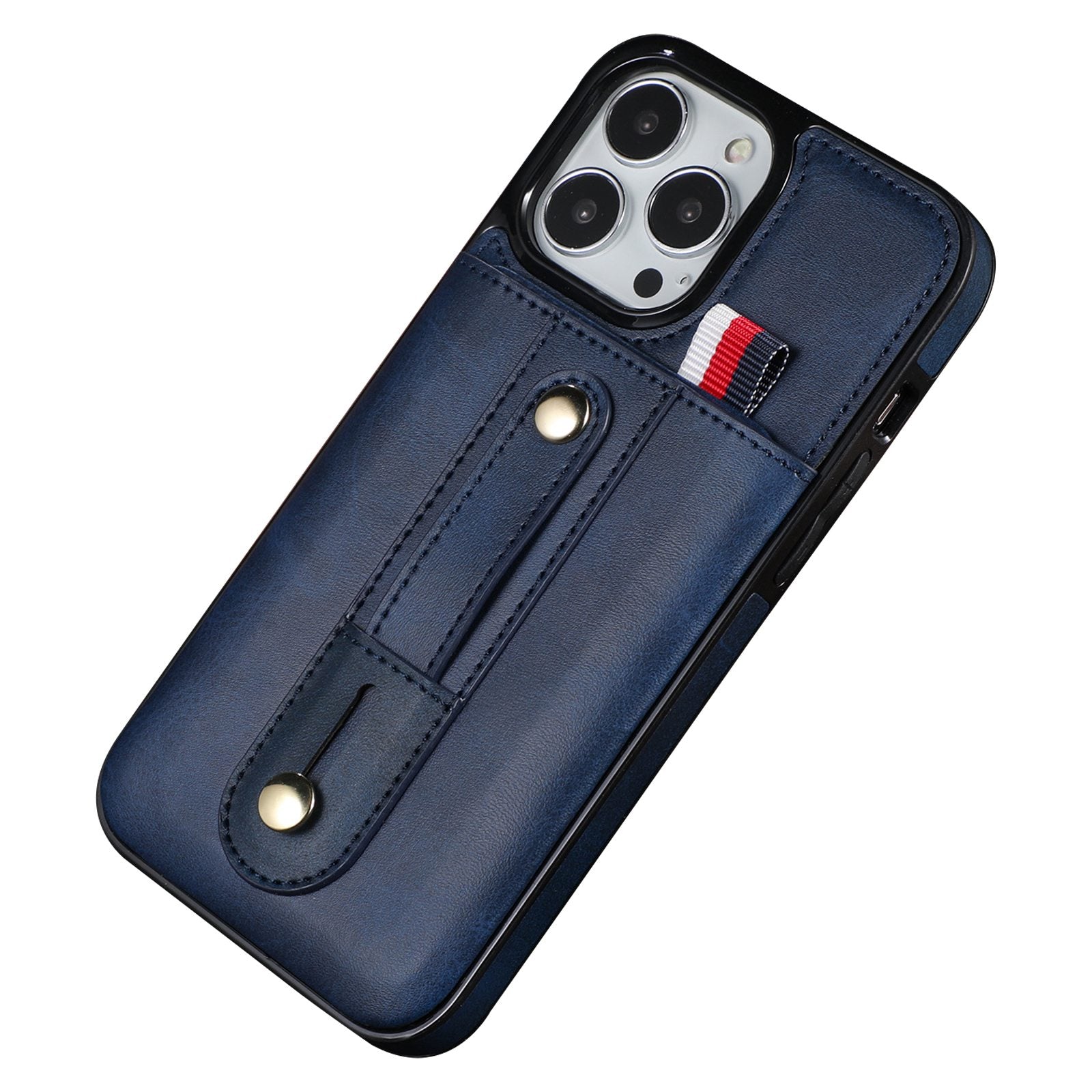 For iPhone 13 Pro 6.1 inch PU Leather Coated TPU Phone Shell Card Slot Grip Strap Kickstand Protective Cover