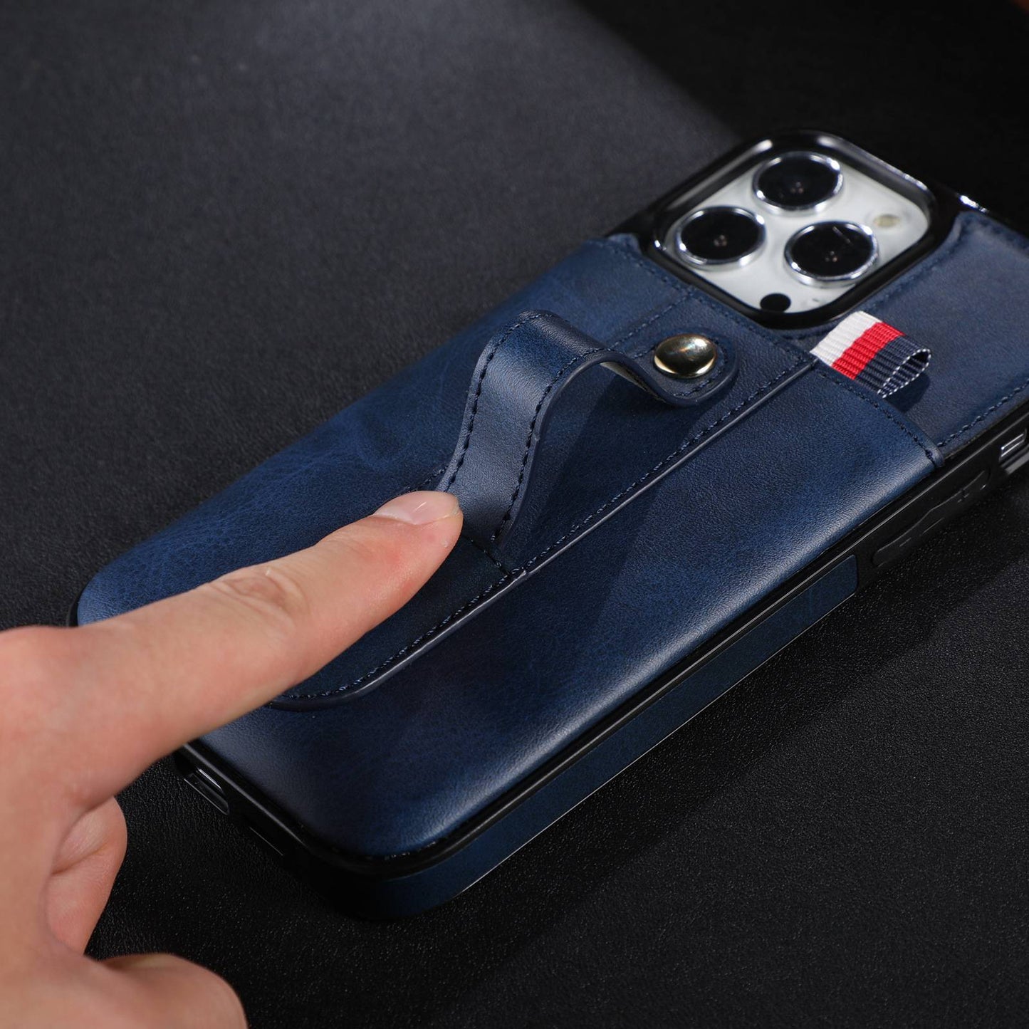 For iPhone 13 Pro 6.1 inch PU Leather Coated TPU Phone Shell Card Slot Grip Strap Kickstand Protective Cover