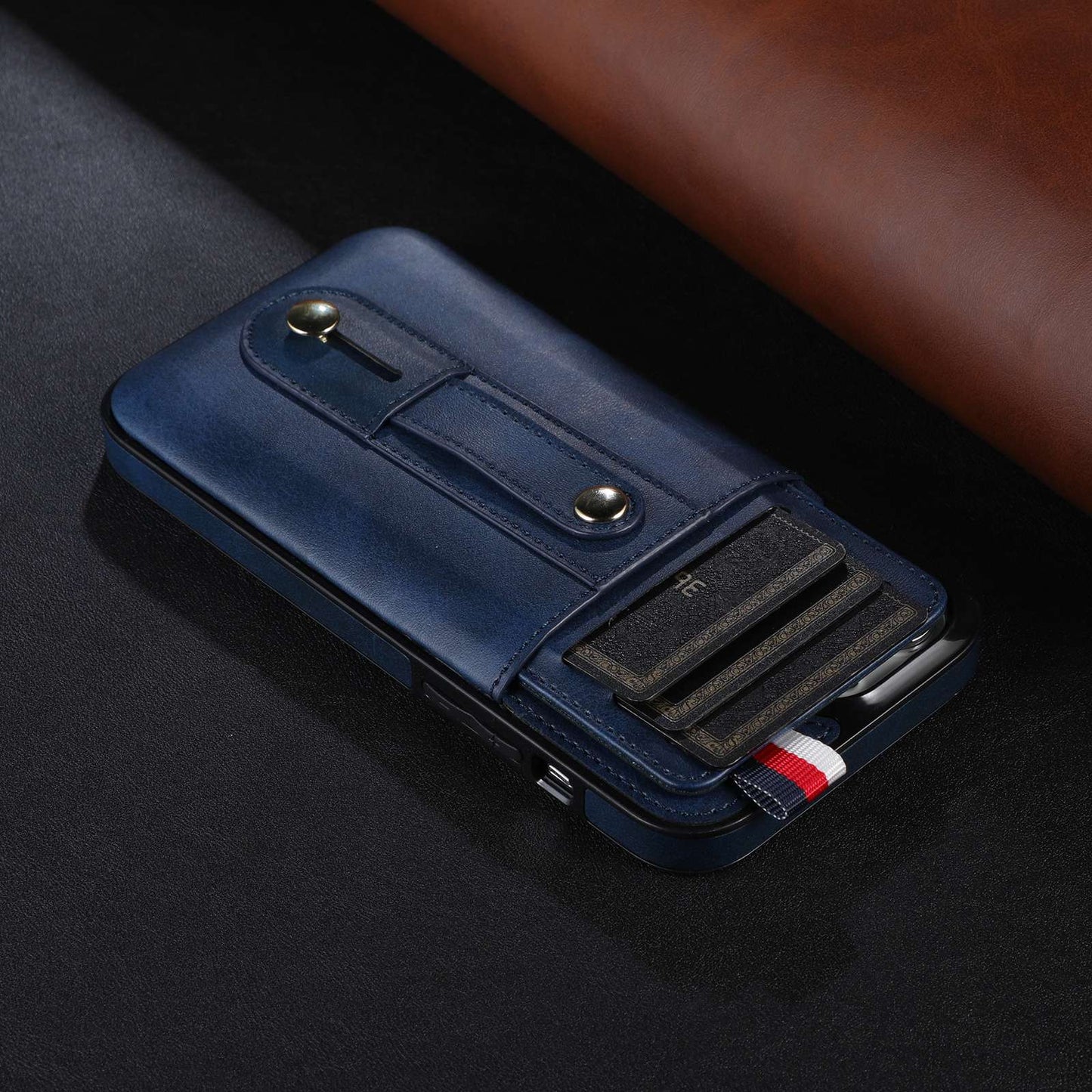 For iPhone 13 Pro 6.1 inch PU Leather Coated TPU Phone Shell Card Slot Grip Strap Kickstand Protective Cover