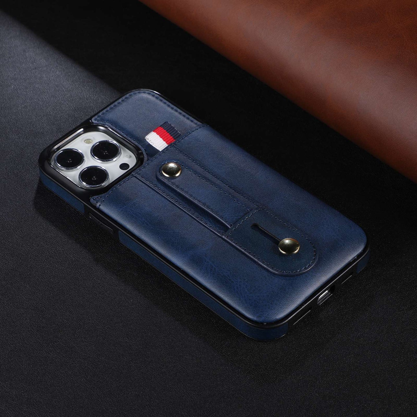 For iPhone 13 Pro 6.1 inch PU Leather Coated TPU Phone Shell Card Slot Grip Strap Kickstand Protective Cover