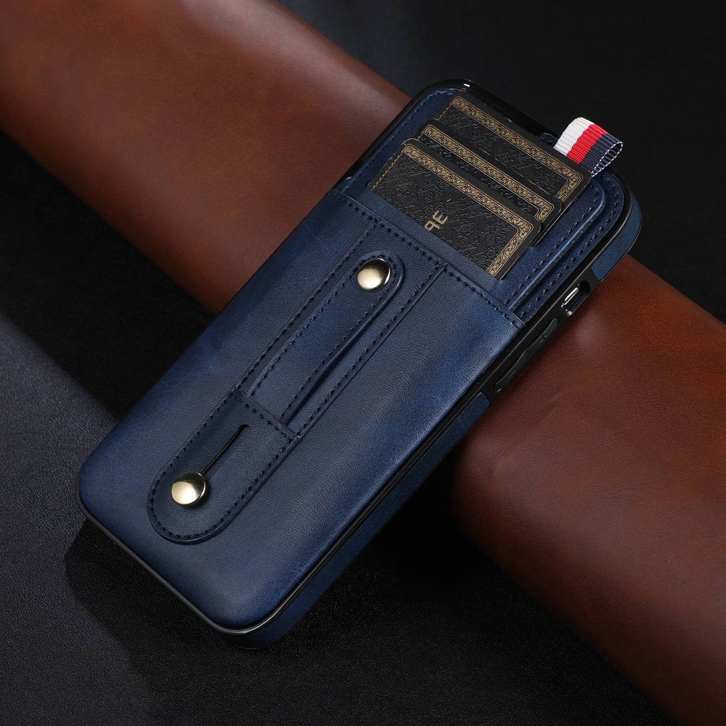 For iPhone 13 Pro 6.1 inch PU Leather Coated TPU Phone Shell Card Slot Grip Strap Kickstand Protective Cover