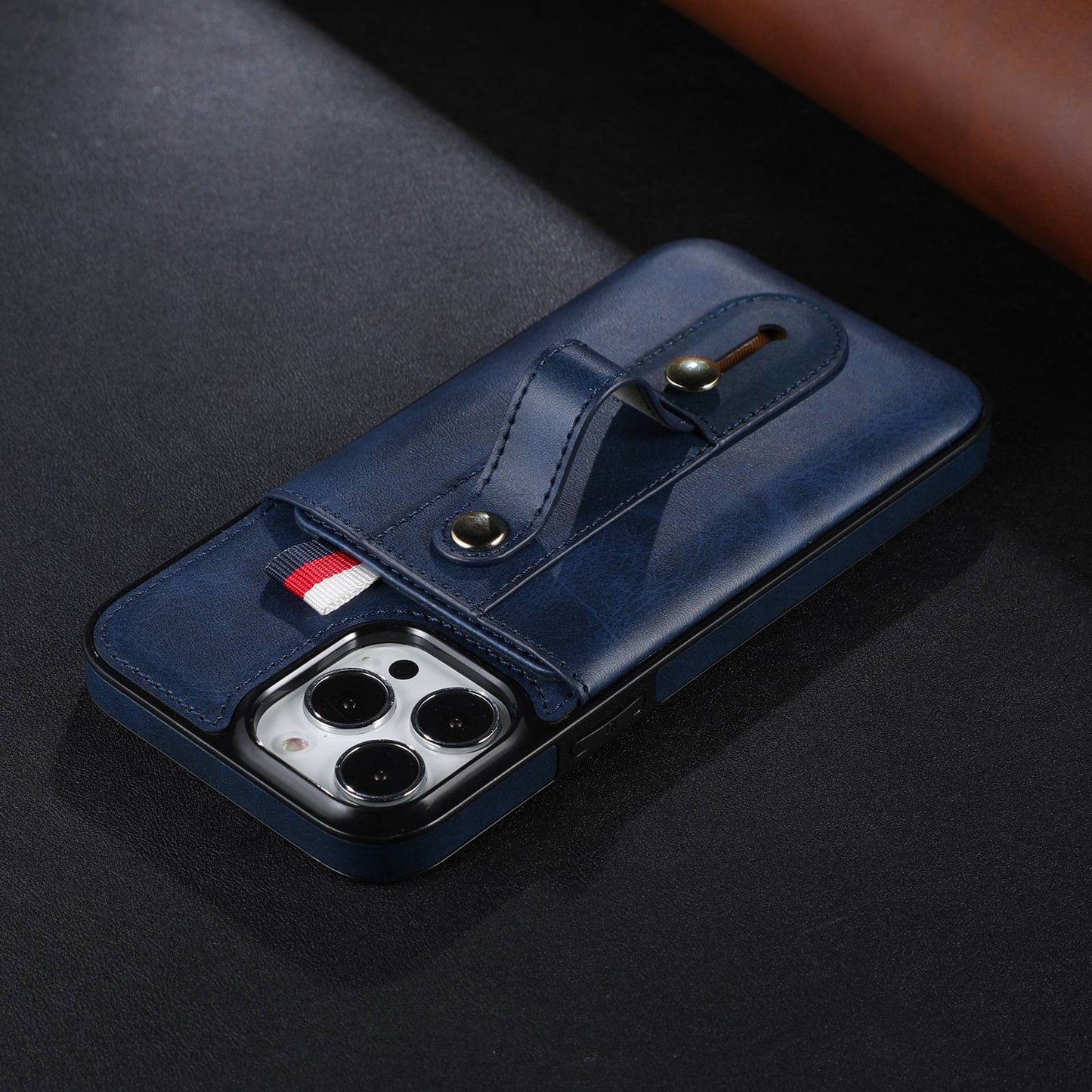 For iPhone 13 Pro 6.1 inch PU Leather Coated TPU Phone Shell Card Slot Grip Strap Kickstand Protective Cover
