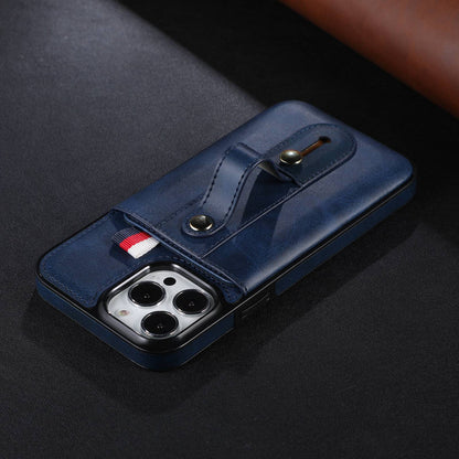 For iPhone 13 Pro 6.1 inch PU Leather Coated TPU Phone Shell Card Slot Grip Strap Kickstand Protective Cover