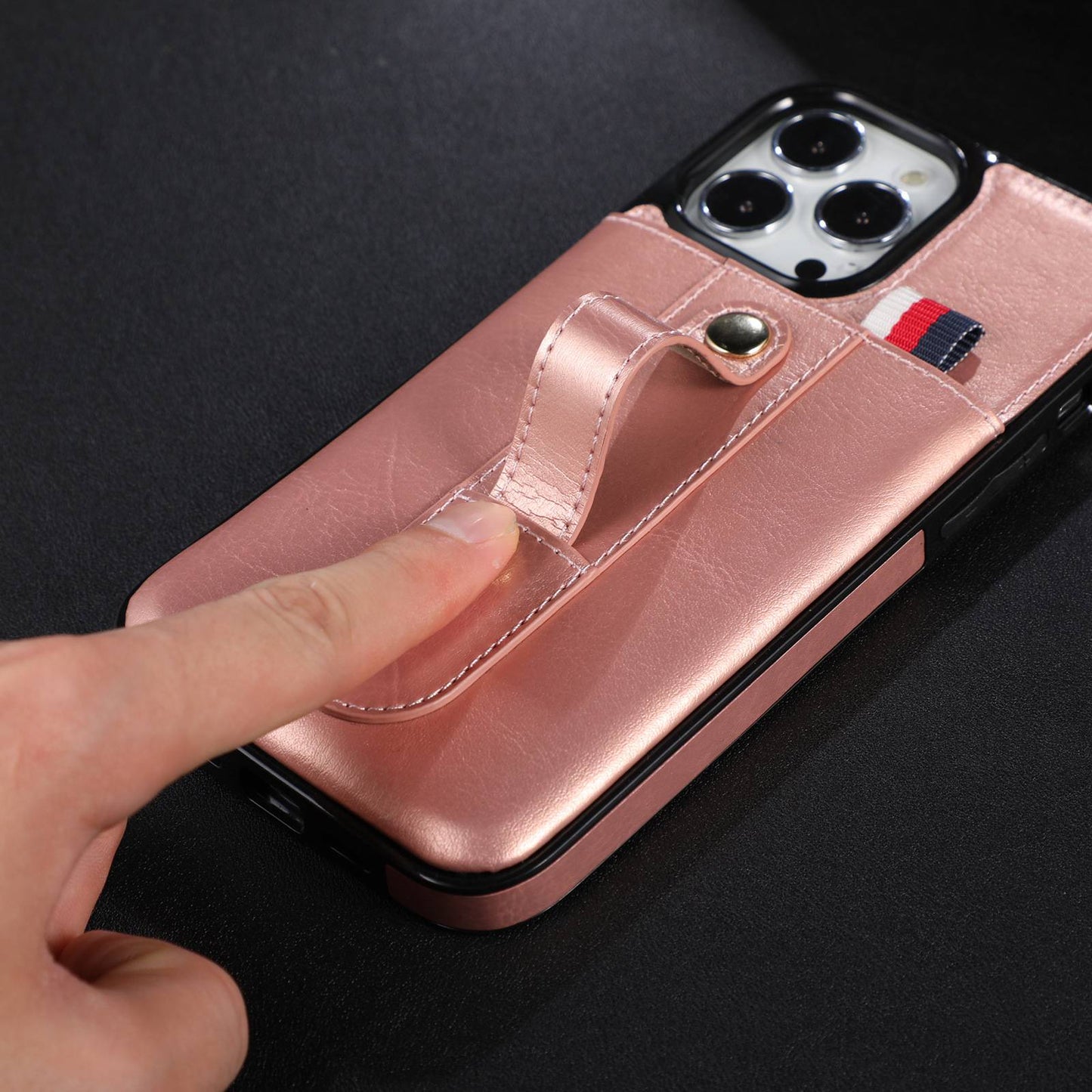 For iPhone 13 Pro 6.1 inch PU Leather Coated TPU Phone Shell Card Slot Grip Strap Kickstand Protective Cover