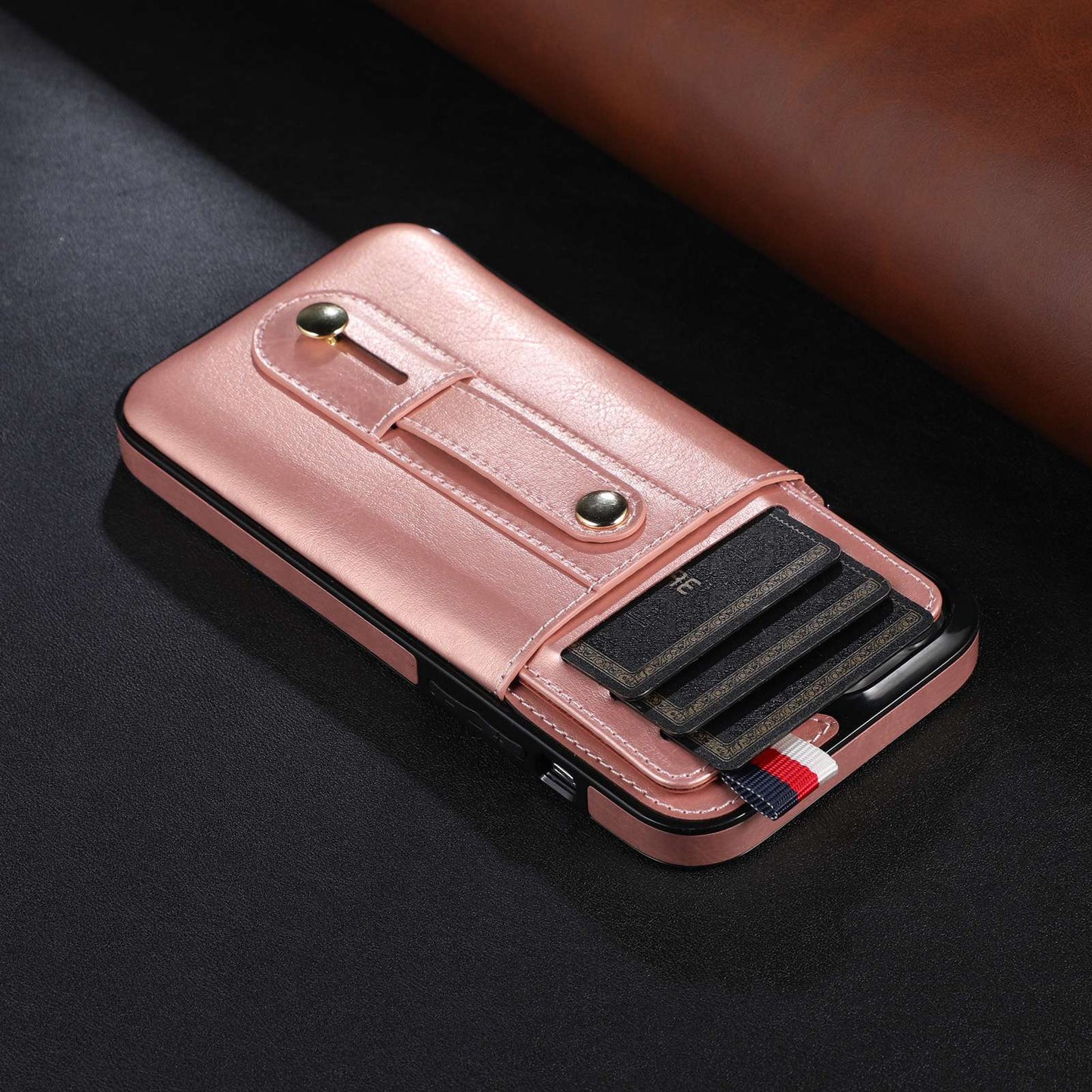 For iPhone 13 Pro 6.1 inch PU Leather Coated TPU Phone Shell Card Slot Grip Strap Kickstand Protective Cover