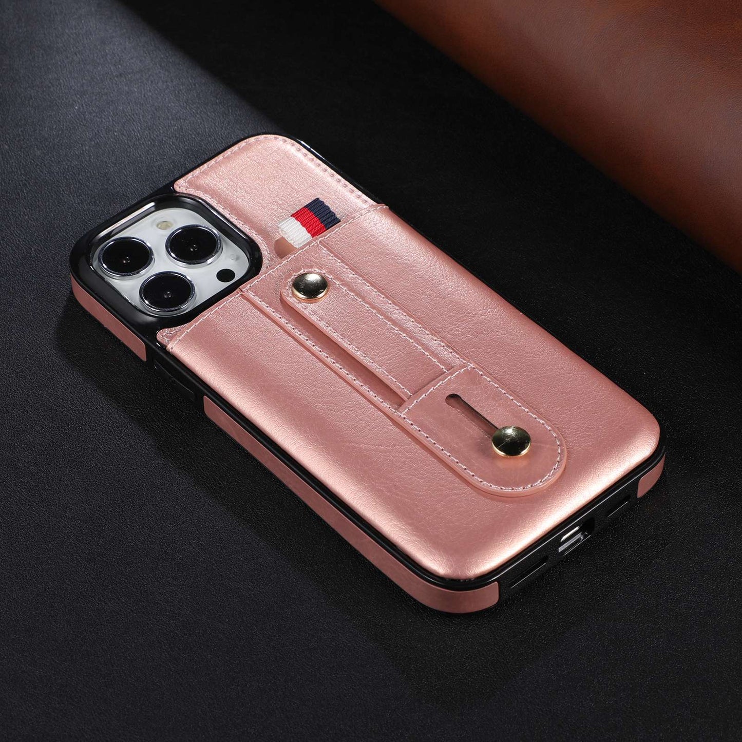 For iPhone 13 Pro 6.1 inch PU Leather Coated TPU Phone Shell Card Slot Grip Strap Kickstand Protective Cover