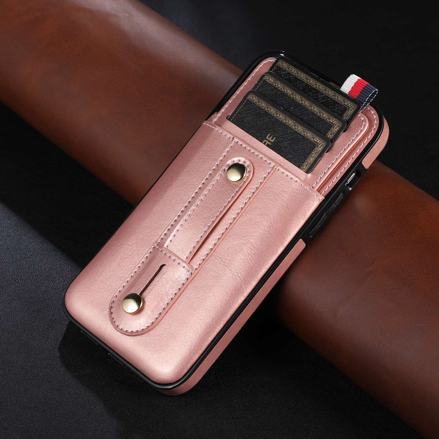 For iPhone 13 Pro 6.1 inch PU Leather Coated TPU Phone Shell Card Slot Grip Strap Kickstand Protective Cover