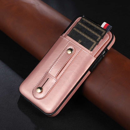 For iPhone 13 Pro 6.1 inch PU Leather Coated TPU Phone Shell Card Slot Grip Strap Kickstand Protective Cover