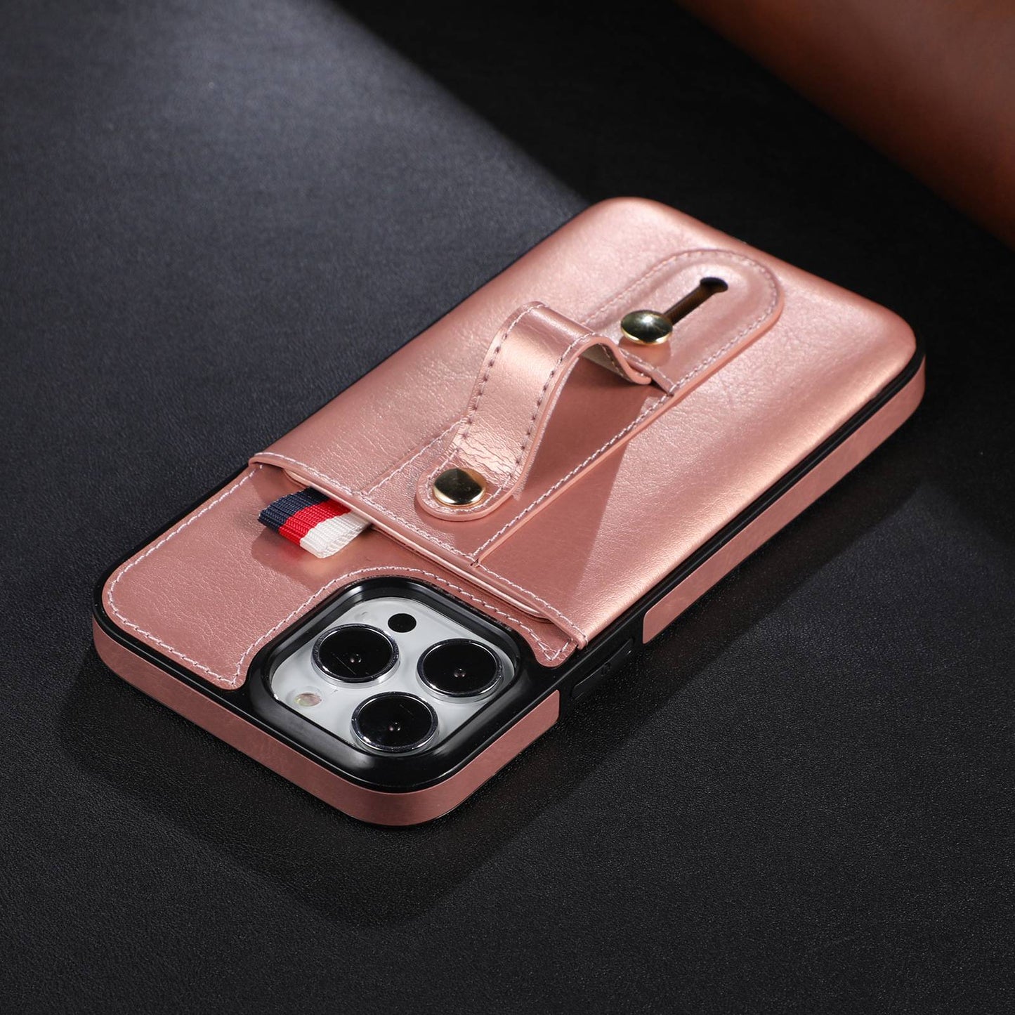 For iPhone 13 Pro 6.1 inch PU Leather Coated TPU Phone Shell Card Slot Grip Strap Kickstand Protective Cover