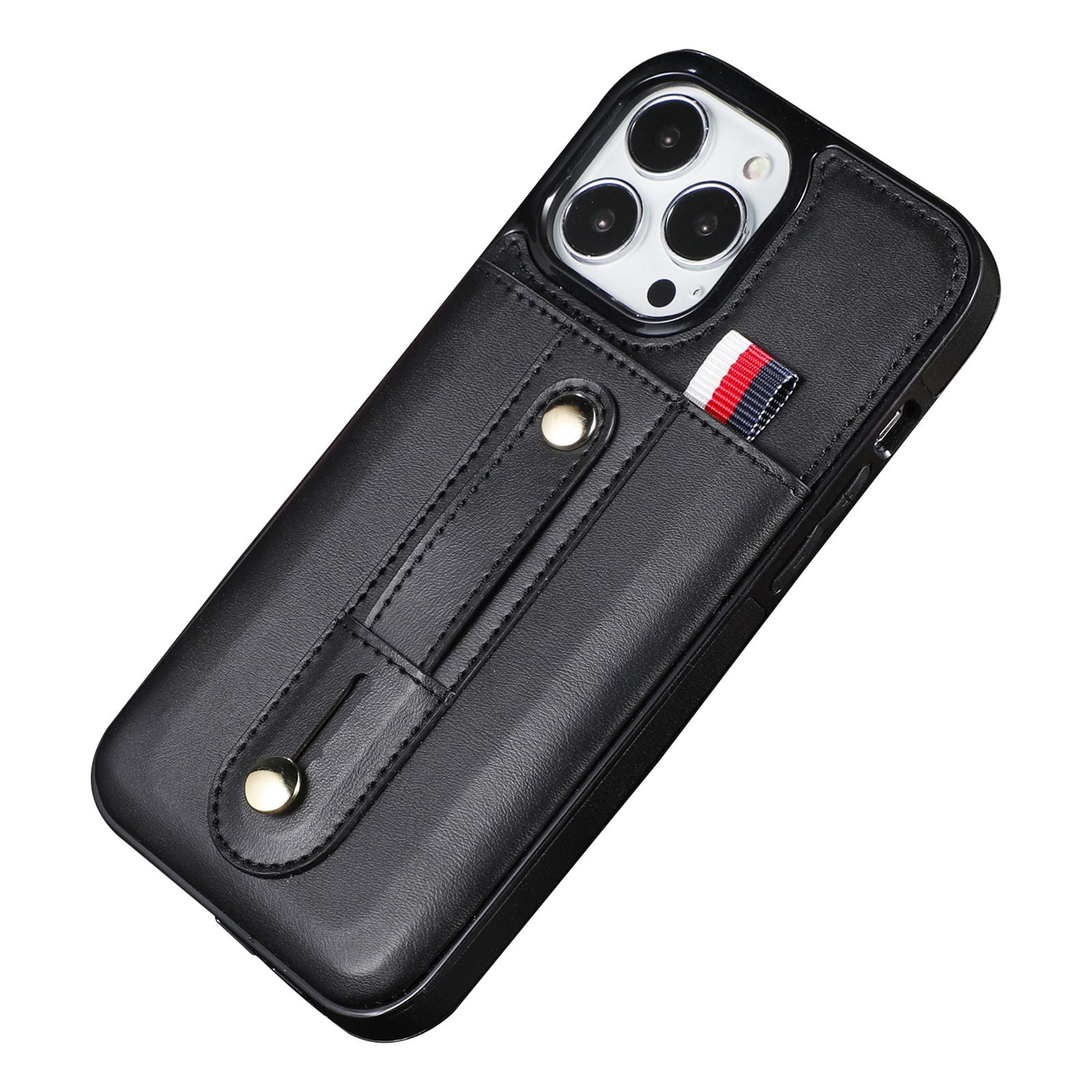 For iPhone 13 Pro 6.1 inch PU Leather Coated TPU Phone Shell Card Slot Grip Strap Kickstand Protective Cover