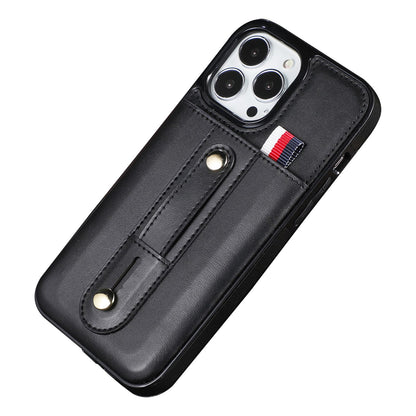 For iPhone 13 Pro 6.1 inch PU Leather Coated TPU Phone Shell Card Slot Grip Strap Kickstand Protective Cover