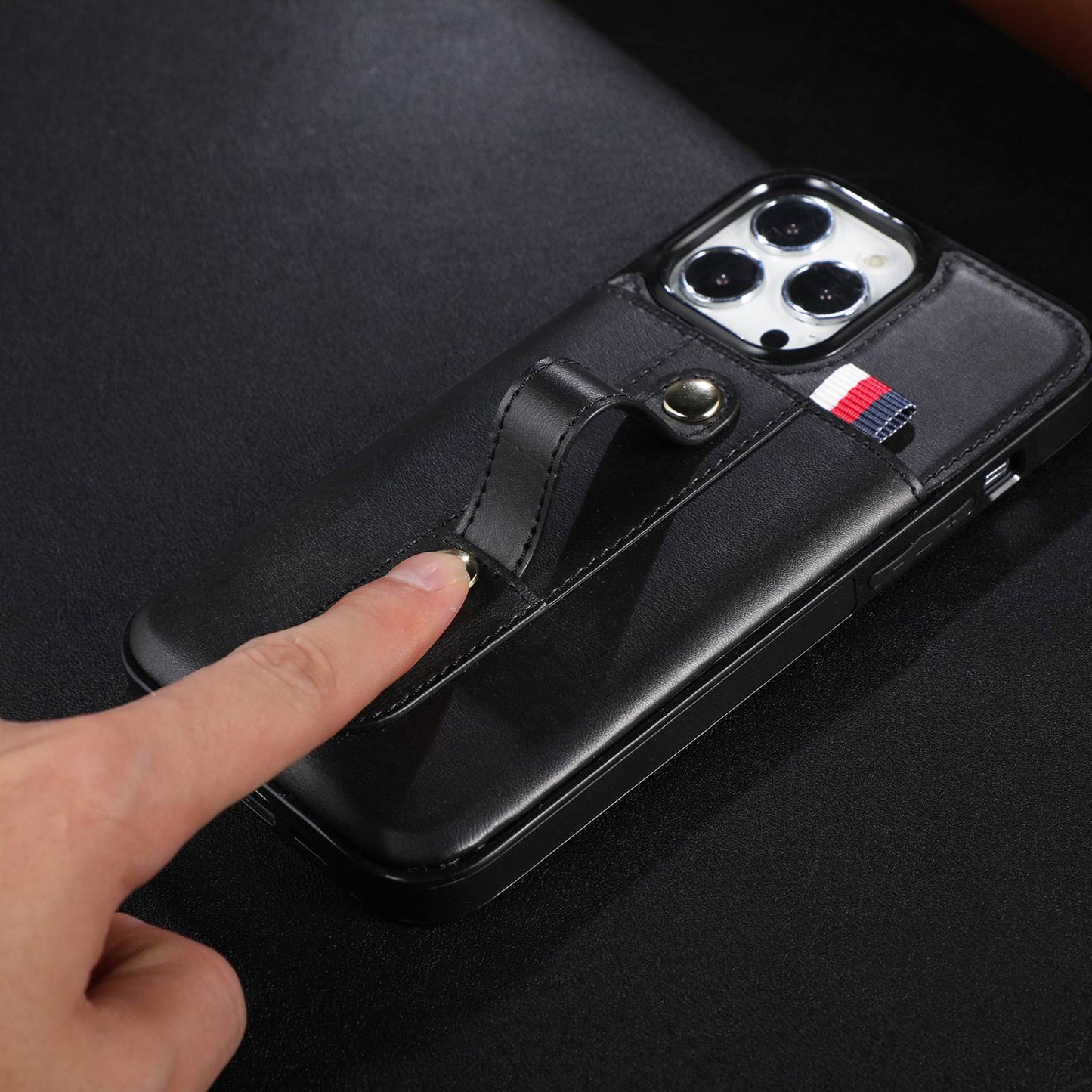 For iPhone 13 Pro 6.1 inch PU Leather Coated TPU Phone Shell Card Slot Grip Strap Kickstand Protective Cover