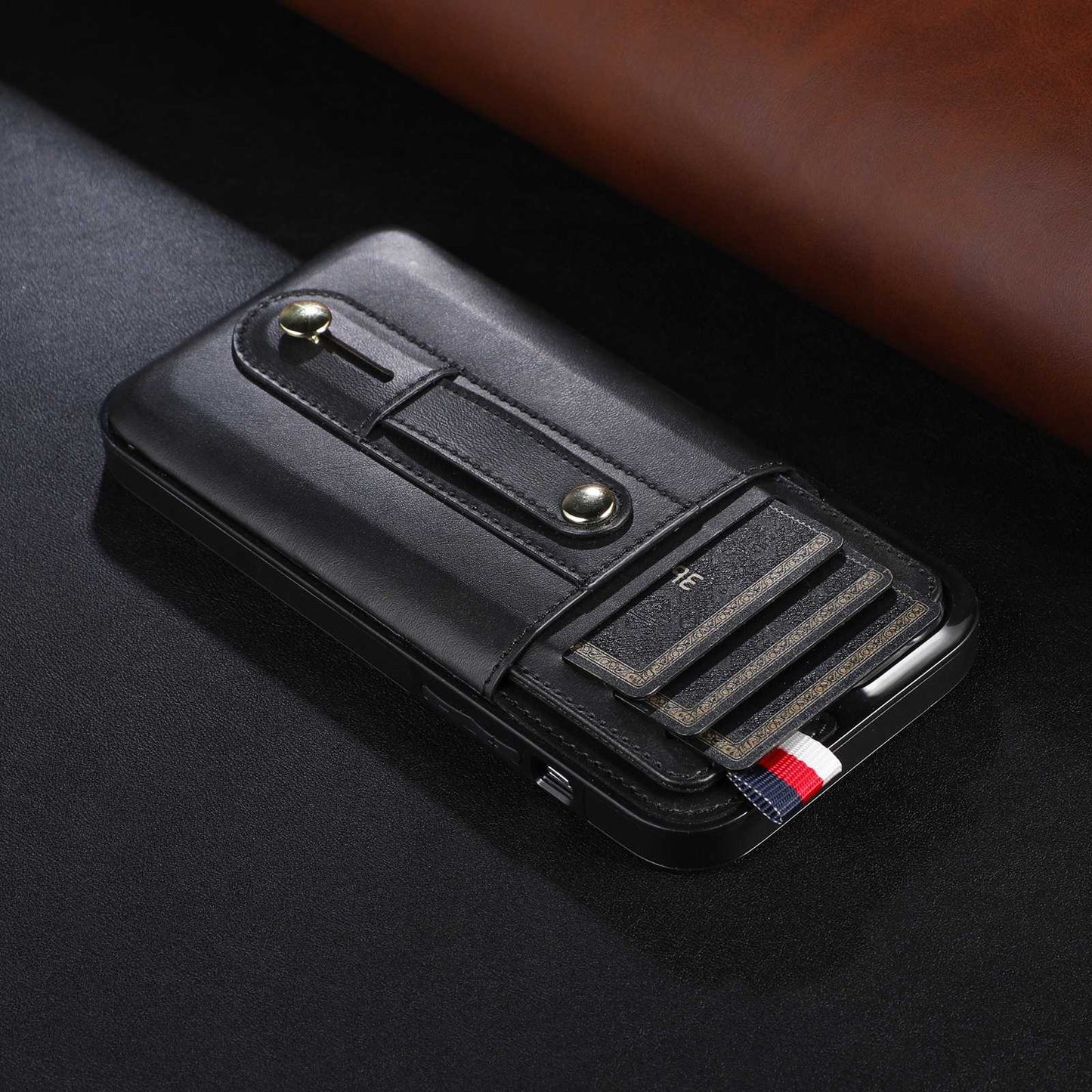 For iPhone 13 Pro 6.1 inch PU Leather Coated TPU Phone Shell Card Slot Grip Strap Kickstand Protective Cover