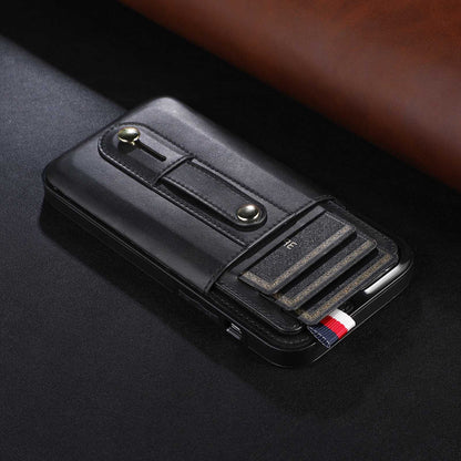 For iPhone 13 Pro 6.1 inch PU Leather Coated TPU Phone Shell Card Slot Grip Strap Kickstand Protective Cover