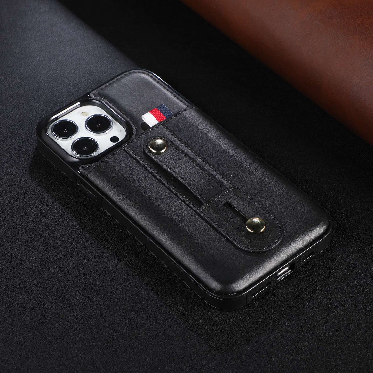 For iPhone 13 Pro 6.1 inch PU Leather Coated TPU Phone Shell Card Slot Grip Strap Kickstand Protective Cover