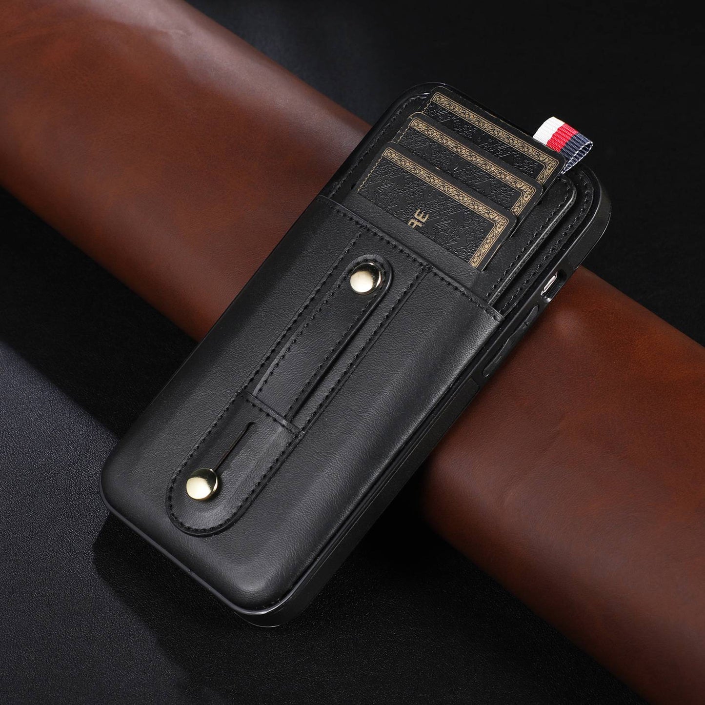 For iPhone 13 Pro 6.1 inch PU Leather Coated TPU Phone Shell Card Slot Grip Strap Kickstand Protective Cover